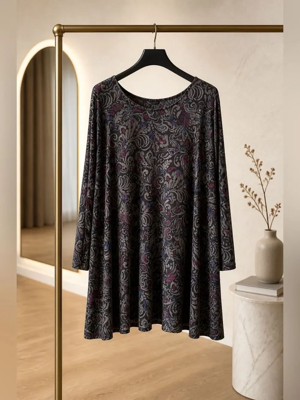 Women’s Paisley Swing Top in Charcoal with Subtle Berry Accents